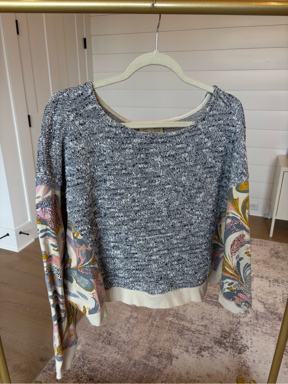 Anthropologie Blue Marled Scoop Neck Sweater with Floral Print Sleeves